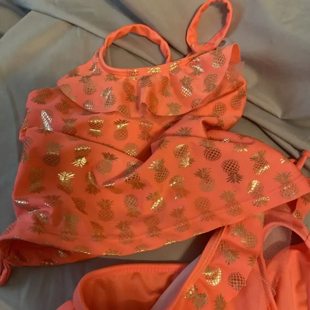 Real Love Coral 2-Piece‎ Girls Size 4T Swimsuit W/Metallic Gold Pineapple Design